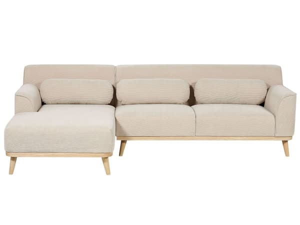 Kulmasohva beige kolmelle vakosamettiverhoilu puujalat oikeakätinen koristetyynyt retro