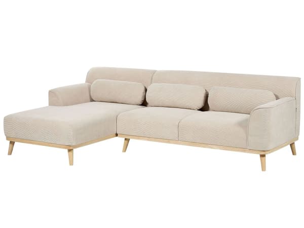Kulmasohva beige kolmelle vakosamettiverhoilu puujalat oikeakätinen koristetyynyt retro