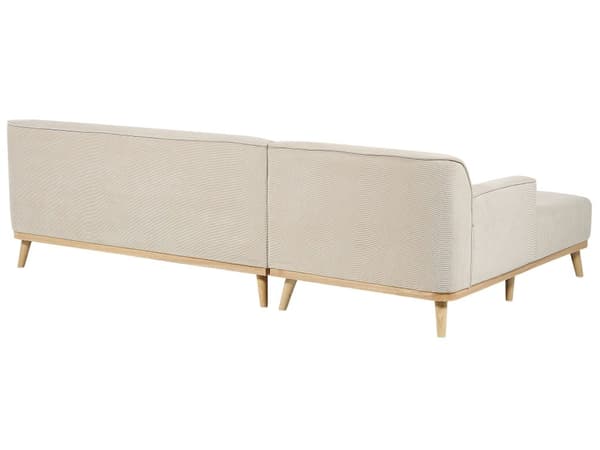 Kulmasohva beige kolmelle vakosamettiverhoilu puujalat oikeakätinen koristetyynyt retro