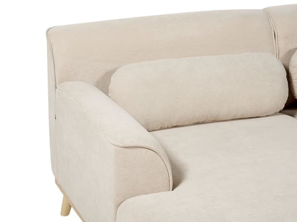 Kulmasohva beige kolmelle vakosamettiverhoilu puujalat oikeakätinen koristetyynyt retro