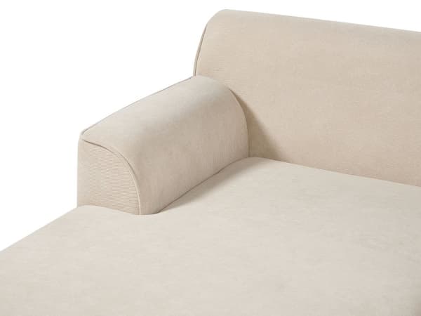Kulmasohva beige kolmelle vakosamettiverhoilu puujalat oikeakätinen koristetyynyt retro