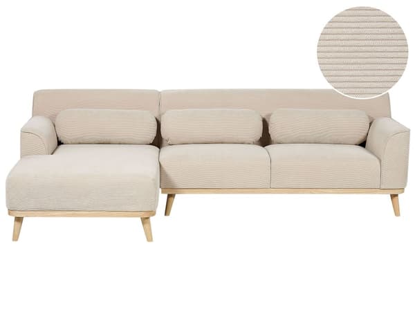 Kulmasohva beige kolmelle vakosamettiverhoilu puujalat oikeakätinen koristetyynyt retro
