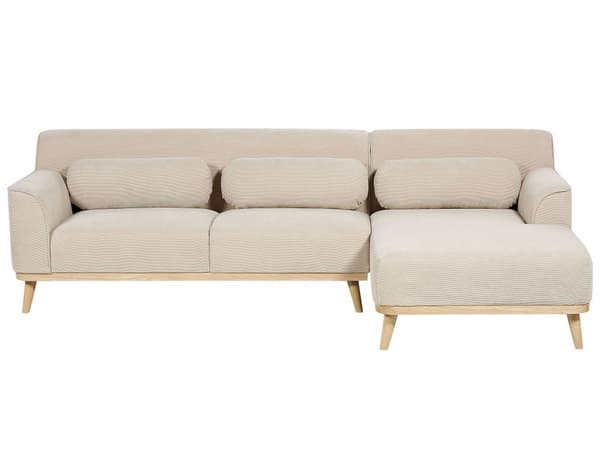 Kulmasohva beige kolmelle vakosamettiverhoilu puujalat vasenkätinen koristetyynyt retro