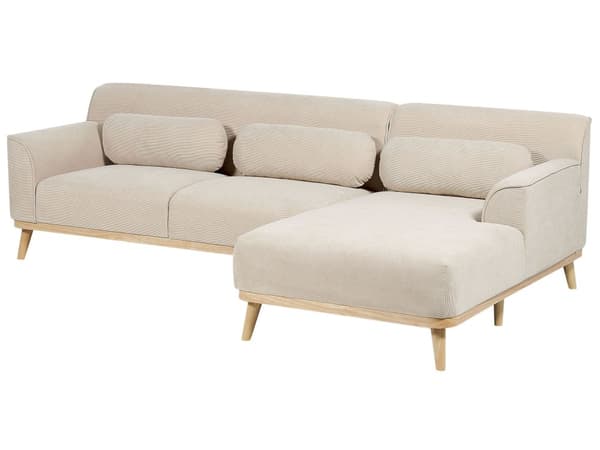 Kulmasohva beige kolmelle vakosamettiverhoilu puujalat vasenkätinen koristetyynyt retro