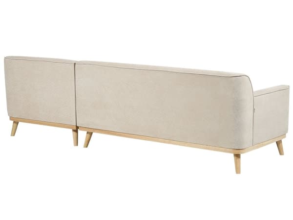 Kulmasohva beige kolmelle vakosamettiverhoilu puujalat vasenkätinen koristetyynyt retro
