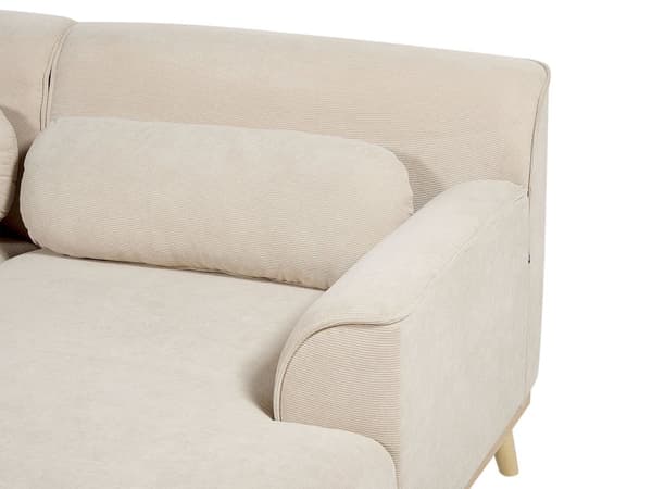 Kulmasohva beige kolmelle vakosamettiverhoilu puujalat vasenkätinen koristetyynyt retro