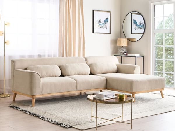 Kulmasohva beige kolmelle vakosamettiverhoilu puujalat vasenkätinen koristetyynyt retro