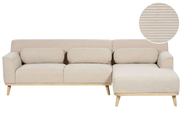 Kulmasohva beige kolmelle vakosamettiverhoilu puujalat vasenkätinen koristetyynyt retro