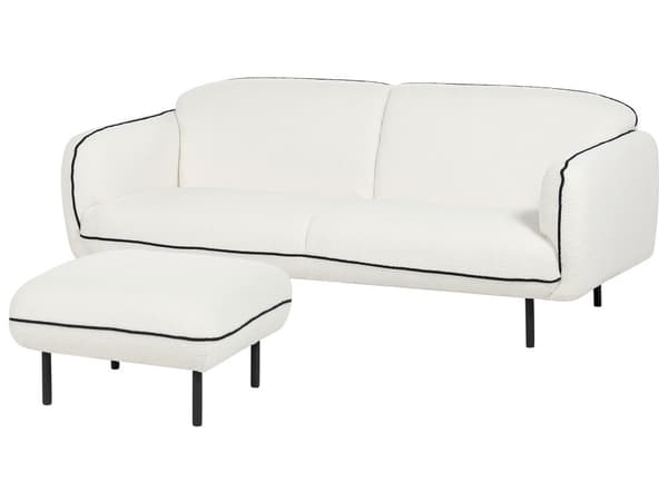 3-personers sofa med ottoman hvid boucle glam retrostil lammeskind polstring metalben sort dekorativ kant stue