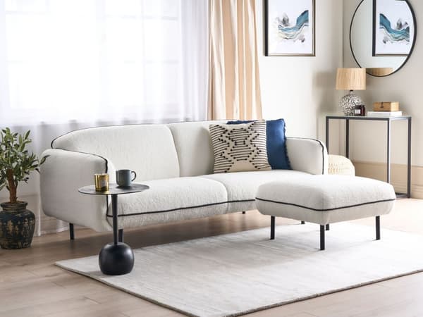 3-seters sofa Hvit Boucle stoff Mykt, nubret metallben Svart dekorativ kant retro Glam Kunst Dekor stil
