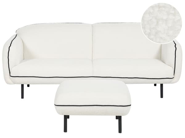 3-seters sofa med ottoman Hvit Boucle-stoff Myke, nubrede metallben Svart dekorativ kant Retro Glam Art Decor Style