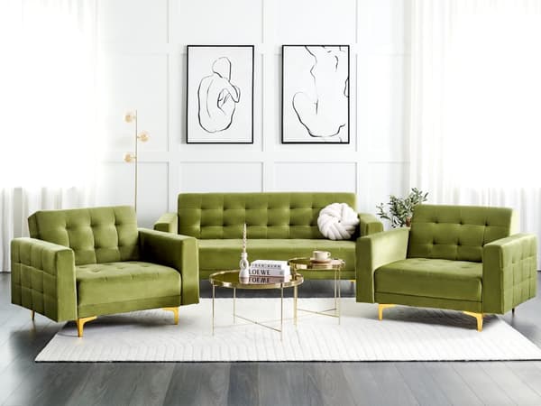 Sofagruppe Grønn Fløyel 3-seters sovesofa 2 lenestoler Justerbar rygg Sovefunksjon Metallben Dekorative knapper Moderne design Stue