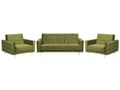 Miniatyrbilde 1 av 11: Sofagruppe Grønn Fløyel 3-seters sovesofa 2 lenestoler Justerbar rygg Sovefunksjon Metallben Dekorative knapper Moderne design Stue