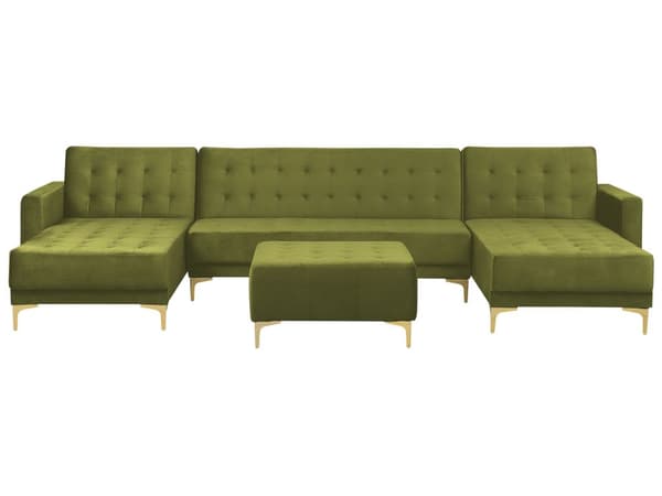 Hjørnesofa Grønn Fløyel Tuftet stoff Moderne U-formet Modulær 5-seter med fotskammel og sjeselonger