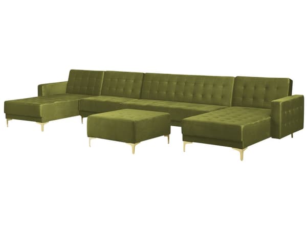 Hjørnesofa Grønn Fløyel Tuftet stoff Moderne U-form Modulær 6-seter med fotskammel og sjeselonger
