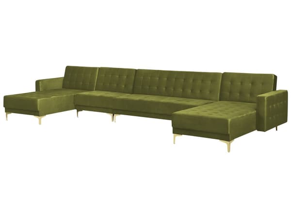 Hjørnesofa Grønn Fløyel Tuftet stoff Moderne U-form Modulær 6-seter med fotskammel og sjeselonger