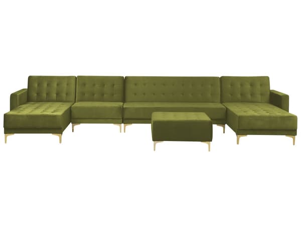 Hjørnesofa Grønn Fløyel Tuftet stoff Moderne U-form Modulær 6-seter med fotskammel og sjeselonger