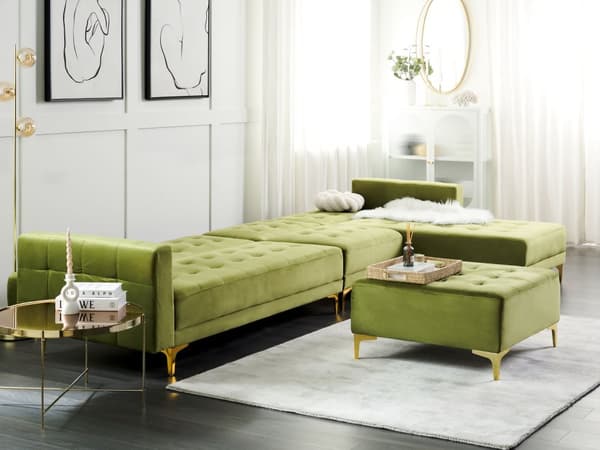 Hjørnesofa Grønn Fløyel Tuftet stoff Moderne L-formet Modulær 5-seter Venstrevendt sjeselong