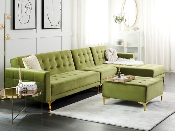 Hjørnesofa Grønn Fløyel Tuftet stoff Moderne L-formet Modulær 5-seter Venstrevendt sjeselong