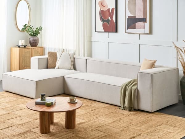 Hörnsoffa Högervänd 3-sitsig Beige Sammet Klädd med Armstöd Minimalistisk Stil Vardagsrum