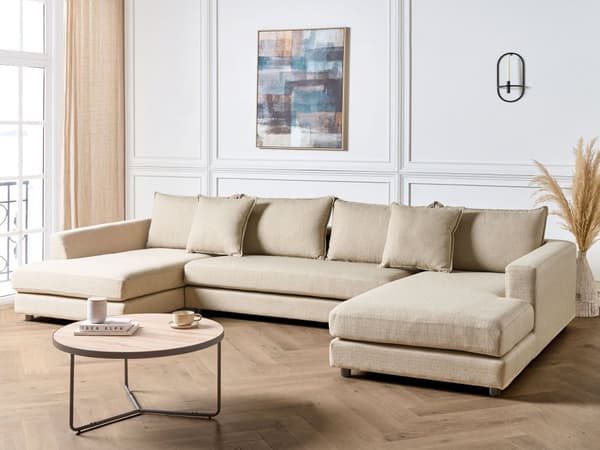 Hörnsoffa Beige Polyesterklädsel Modern U-formad 5-sits med Ottomaner Extra Kuddar Vadderat Ryggstöd