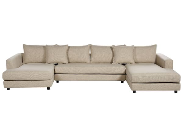 Hörnsoffa Beige Polyesterklädsel Modern U-formad 5-sits med Ottomaner Extra Kuddar Vadderat Ryggstöd