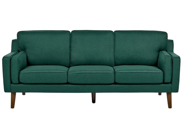 Sohva tummanvihreä kolmelle kangasverhoilu puujalat irrotettavat tyynynpäälliset retro