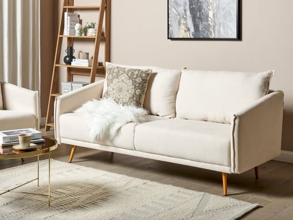 Sofa Beige Polyester 3-seters ryggpolstret sete Metall Gyllen Ben Retro Glamour