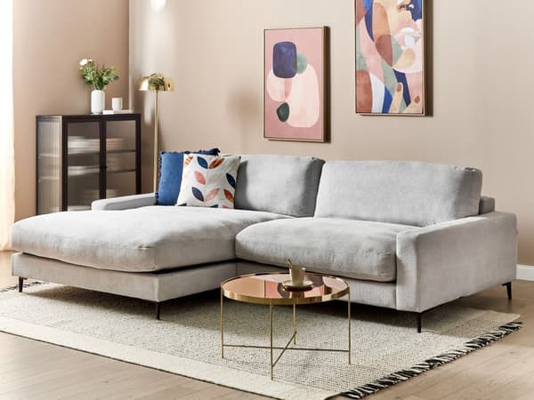 Høyrehånds hjørnesofa Lysegrå stoff Polyester Metall Svarte ben 190 x 272 x 83 cm Polstret rygg 3-seters L-formet Moderne stil Stue