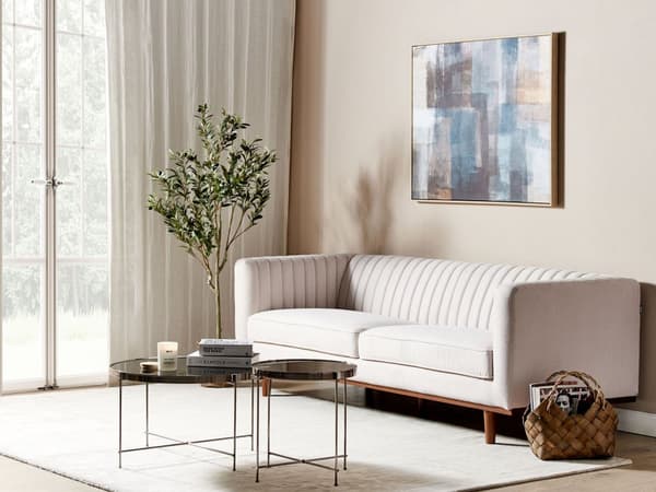 Sofa Beige Polyester Polstret 3-seter Moderne Sofa Stil Stue Brede Armlener Tuftet Ryggstøtte