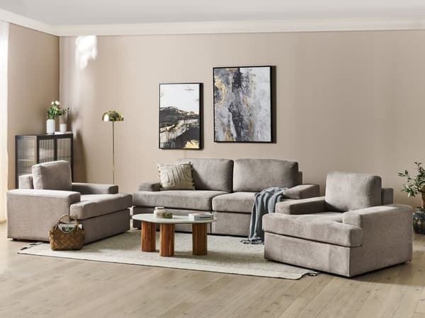 Sofasett i taupe stoff med polstret 5-seter og lenestol med polstret, tykt polstret rygg Classic Living Room sofa