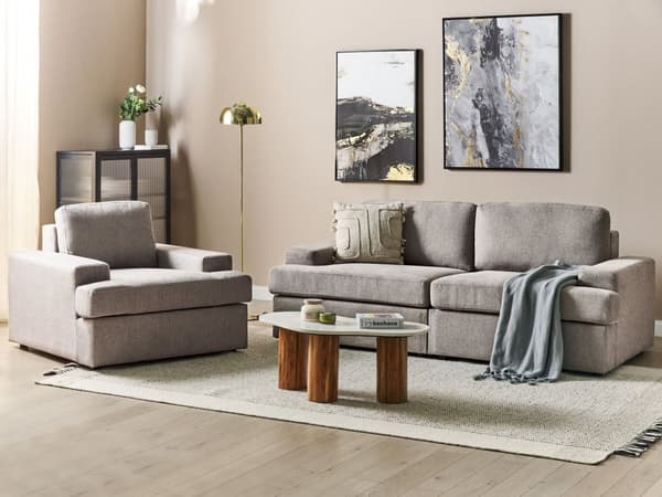 Sofasett i taupe stoff Polstret 4-seter med lenestol Polstret tykk rygg Classic Living Room Sofa