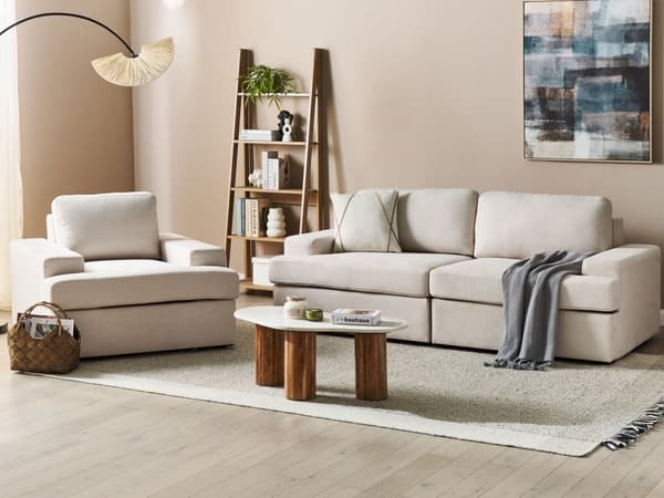 Sofasett i lysebeige stoff Polstret 4-seter med lenestol Polstret tykk rygg Classic Living Room Sofa