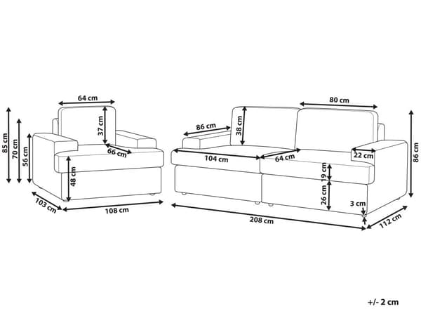 Sofasett i lysegrå stoff Polstret 4-seter med lenestol Polstret tykk rygg Classic Living Room Sofa