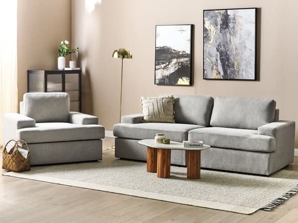 Sofasett i lysegrå stoff Polstret 4-seter med lenestol Polstret tykk rygg Classic Living Room Sofa