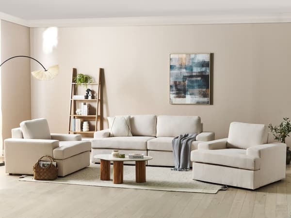 Sofasett i lysebeige stoff med polstret 5-seter og lenestol med polstret, tykt polstret rygg Classic Living Room sofa