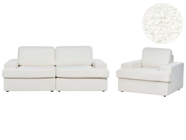 Sofasett i hvit boucle Polstret 4-seter med lenestol Polstret tykk rygg Classic Living Room Sofa