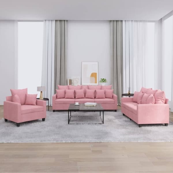 vidaXL Soffgrupp med dynor 3 delar rosa sammet