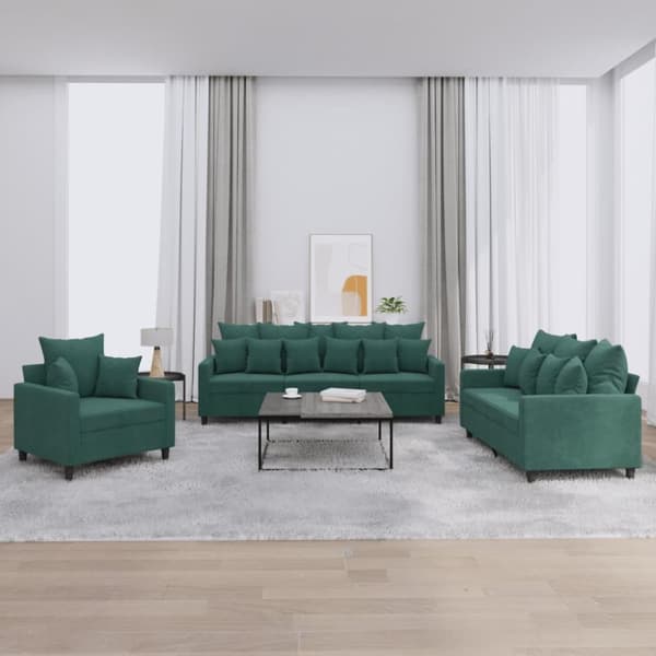 vidaXL sofasæt 3 dele med hynder velour mørkegrøn