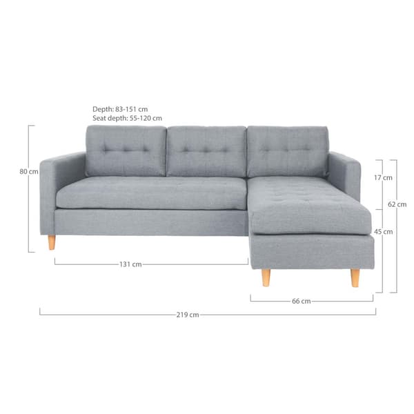 Marino sofa, sjeselong høyre eller venstrevent i stoff grønn, med treben.