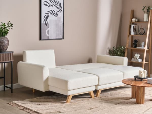 Høyre hjørnesofa Hvit Boucle polstret med sovesofa med uttrekkbar polstret rygg med treben