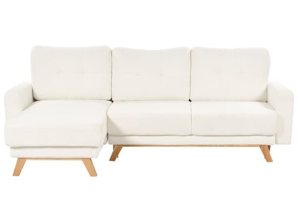 Høyre hjørnesofa Hvit Boucle polstret med sovesofa med uttrekkbar polstret rygg med treben