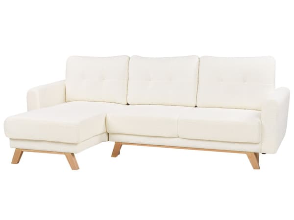 Høyre hjørnesofa Hvit Boucle polstret med sovesofa med uttrekkbar polstret rygg med treben
