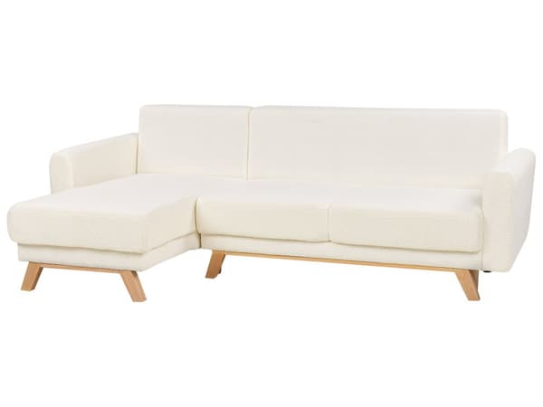 Høyre hjørnesofa Hvit Boucle polstret med sovesofa med uttrekkbar polstret rygg med treben