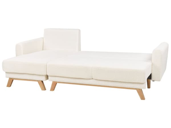 Høyre hjørnesofa Hvit Boucle polstret med sovesofa med uttrekkbar polstret rygg med treben