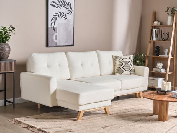 Høyre hjørnesofa Hvit Boucle polstret med sovesofa med uttrekkbar polstret rygg med treben