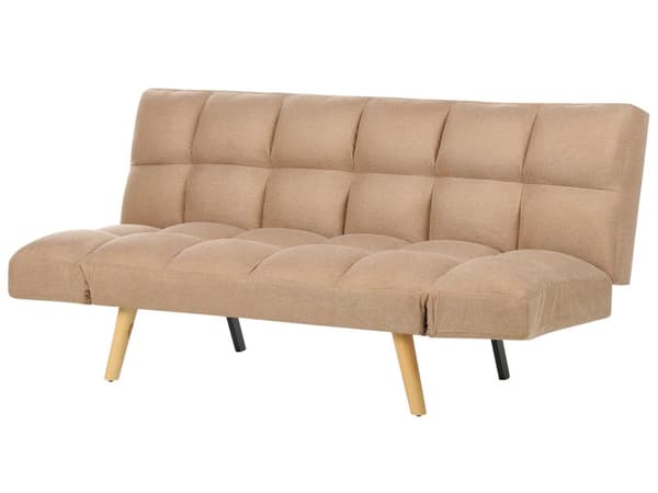 Sovesofa i brun stoff med polstret 3-seters liggestol med firkantet quiltet ryggstøtte