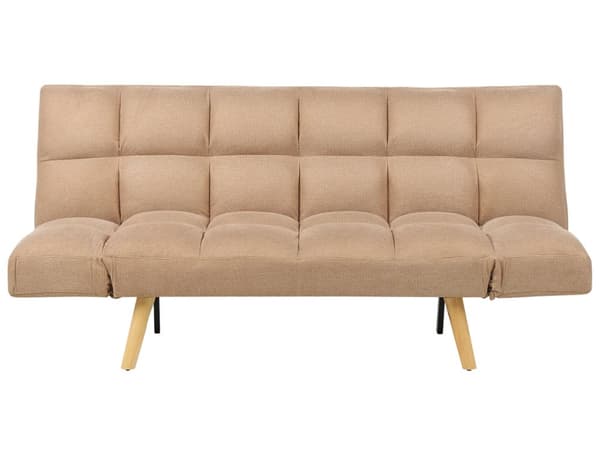 Sovesofa i brun stoff med polstret 3-seters liggestol med firkantet quiltet ryggstøtte