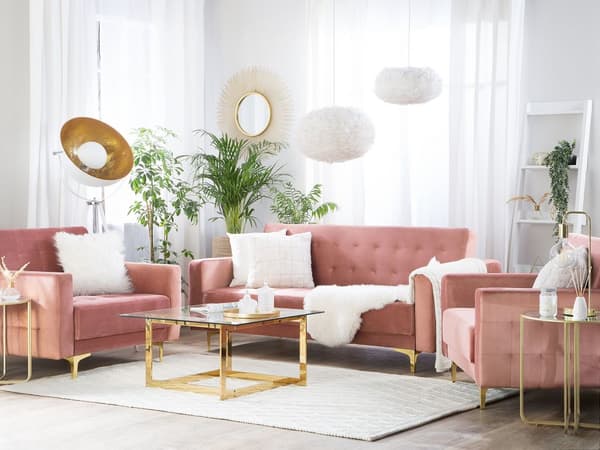 Sofagruppe Rosa Fløyel 3-seters sovesofa 2 lenestoler Justerbar rygg Sovefunksjon Metallben Dekorative knapper Moderne design Stue