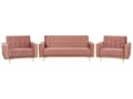 Miniatyrbilde 1 av 11: Sofagruppe Rosa Fløyel 3-seters sovesofa 2 lenestoler Justerbar rygg Sovefunksjon Metallben Dekorative knapper Moderne design Stue